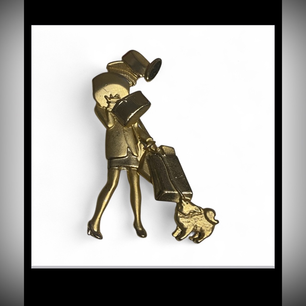 Vintage Gold Tone Women & Dog Shopping Brooch Signed AJC #7466